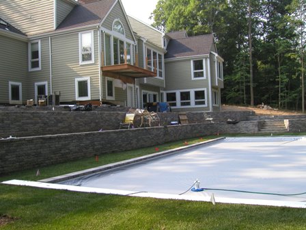 View of the pool and retaining walls