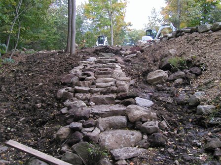 Natural stone steps are built