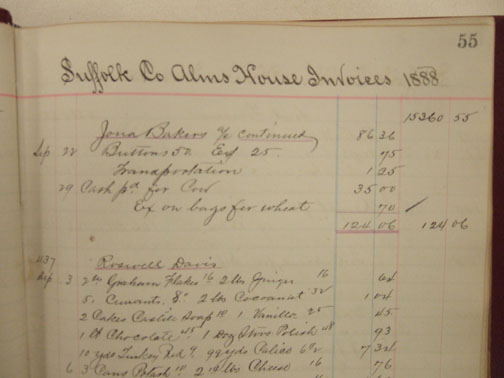 picture of an 1888 financial record for the Almshouse in Suffolk County