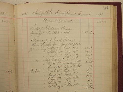 picture of a 1898 financial record from the Almshouse of Suffolk County