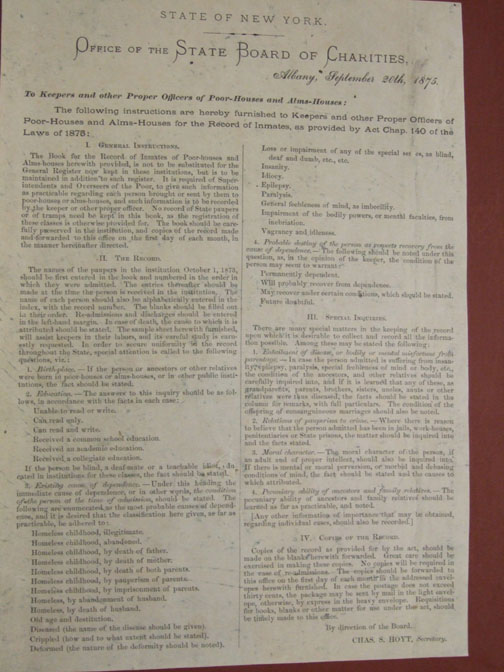 picture of the instructions from New York State to maintain specific records at the Almshouse-1875