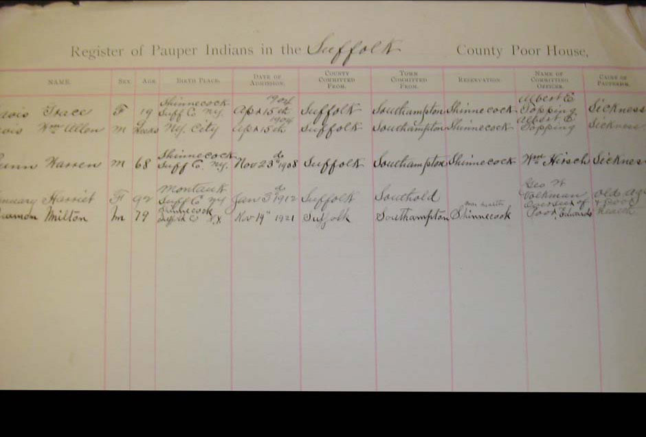 Picture of the record of Pauper Indians who were admitted to the Suffolk County Poor House